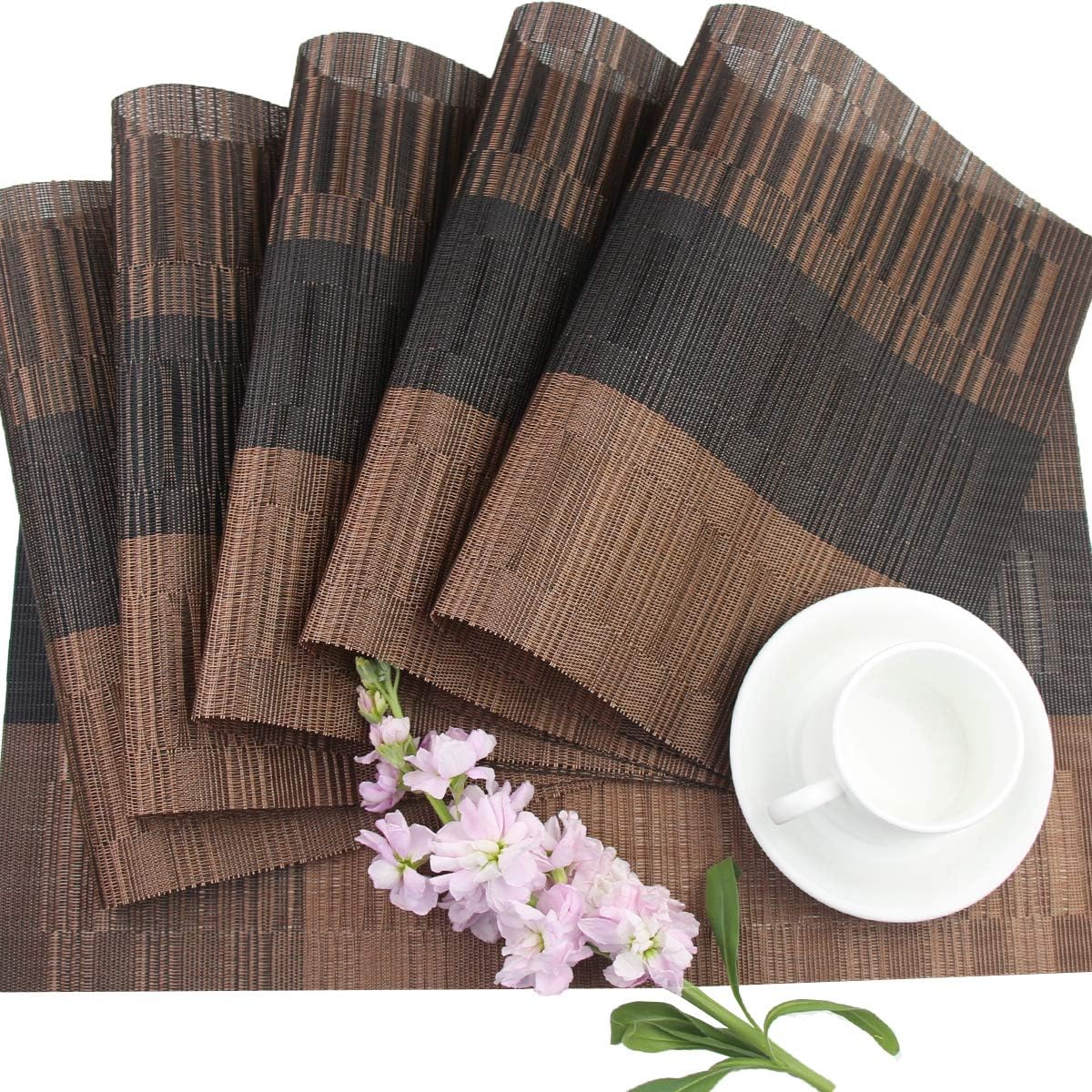 PIGCHCY Placemats,Washable Vinyl Woven Table Mats,Elegant Durable Placemats for Dining Table Set of 6 (Bamboo-Brown)