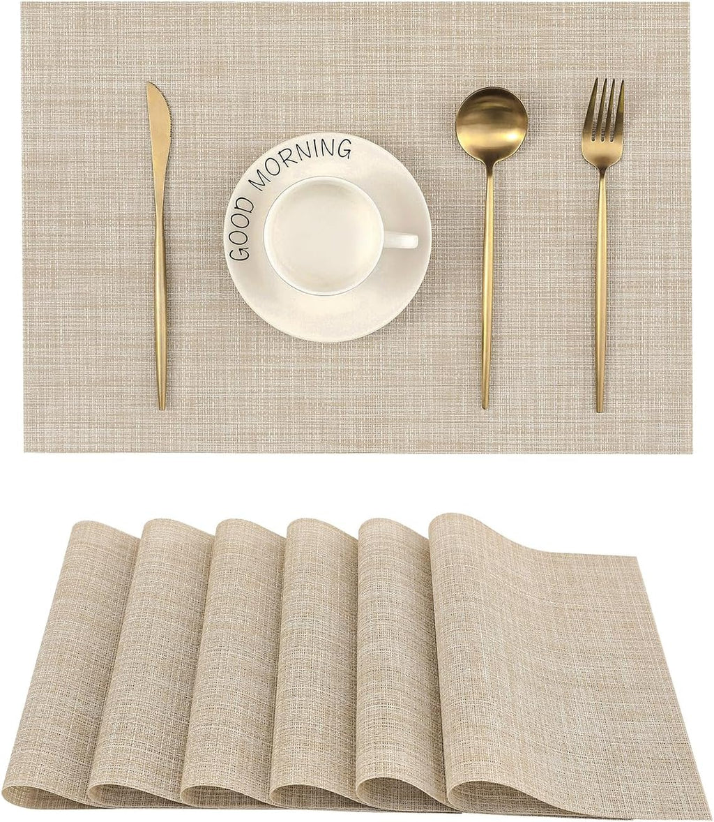 Beige Placemats Set of 6 - Heat-Resistant, Non-Slip Table Mats, Washable Woven Vinyl for Indoor & Outdoor Dining