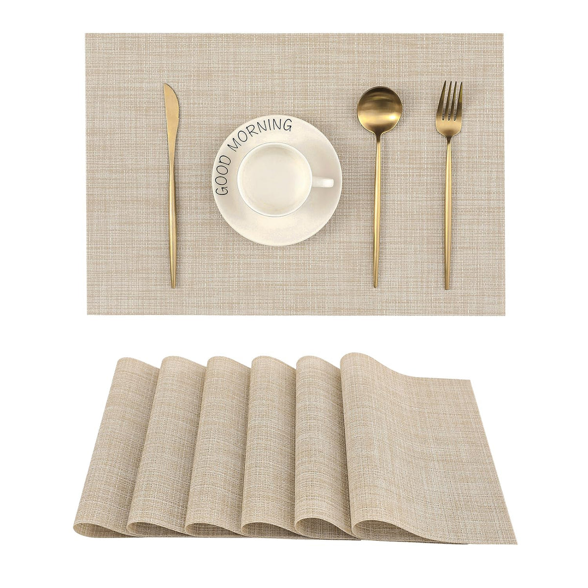 Beige Placemats Set of 6 - Heat-Resistant, Non-Slip Table Mats, Washable Woven Vinyl for Indoor & Outdoor Dining