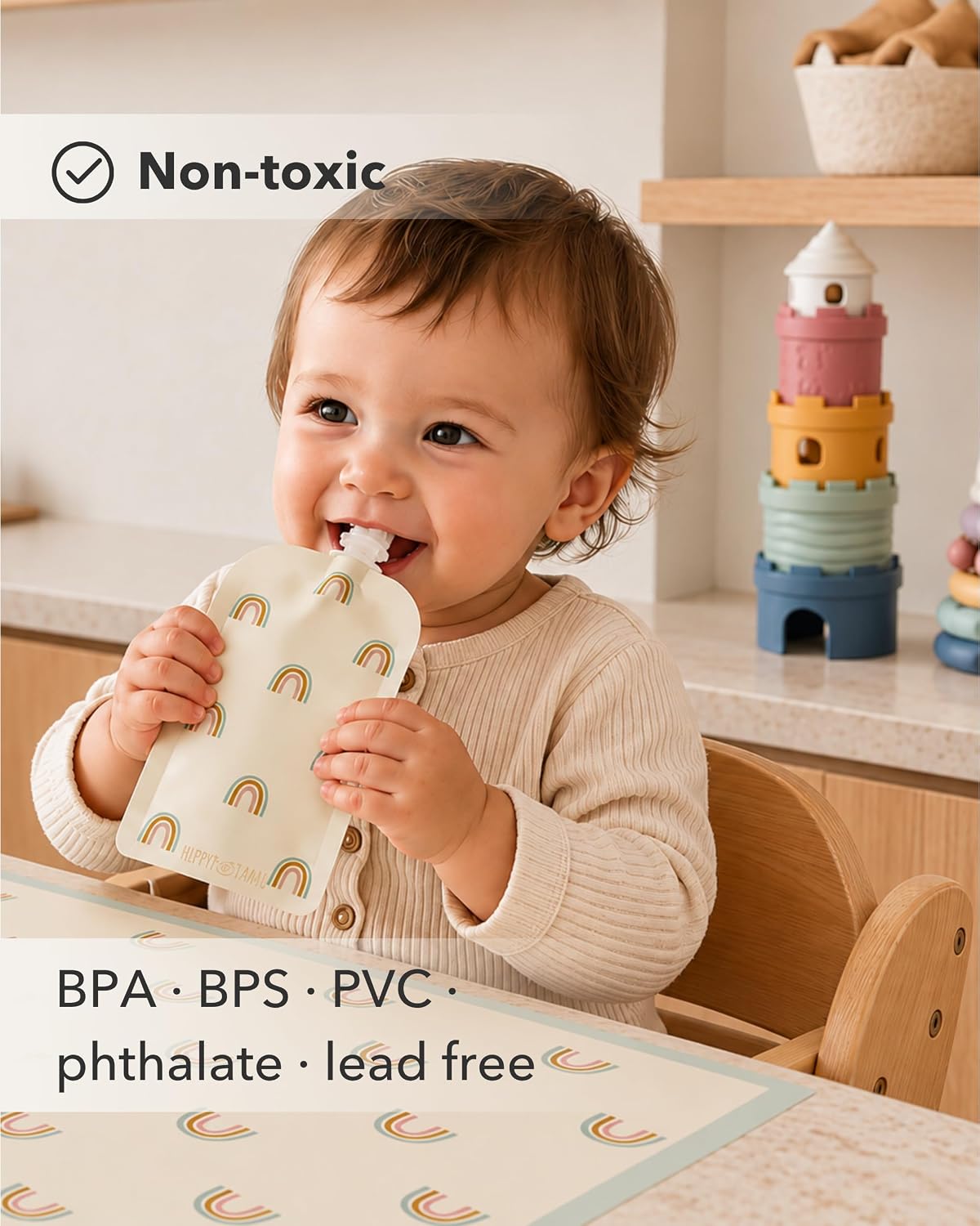 Hippypotamus Disposable Placemats Baby - Pack of 45 BPA Free Table Toppers for Kids and Toddlers - Extra Sticky Travel Mat for Restaurant (Cream/Sage/Blush)