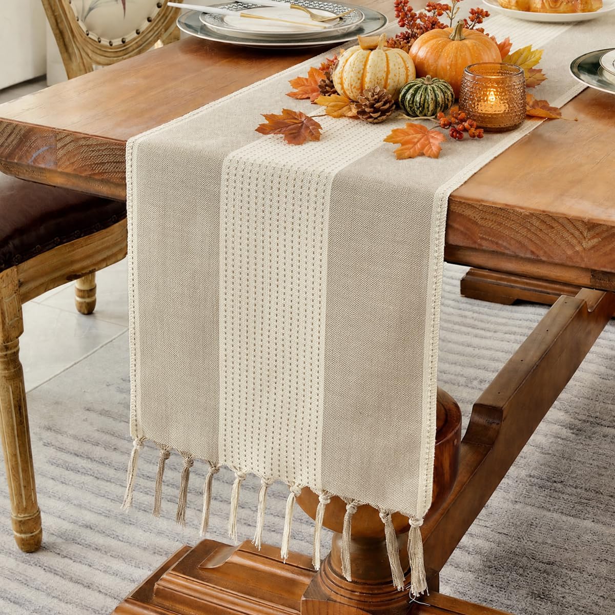 Wracra Linen Placemats, 12 x 18 Inch Set of 4 Placemats, Farmhouse Macrame Place Mats for Kitchen Table and Heat Resistant-Hemstitch Light Coffee 4PCS