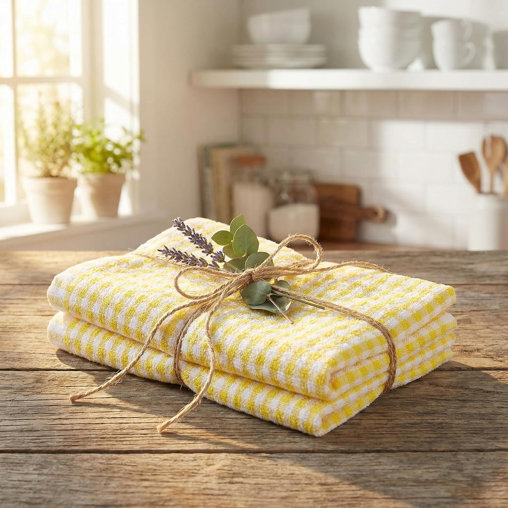 Gingham Check Terrycloth Kitchen Dish Towel Absorbent Large 18 x 28 Inches with Hanging Loop, Set of 4 (Lemon Yellow)
