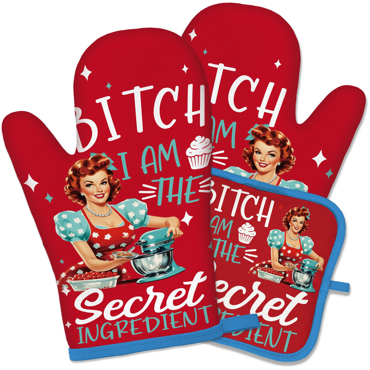 Funny Oven Mitts and Pot Holders Set, Baking Because Murder Cooking Mitts