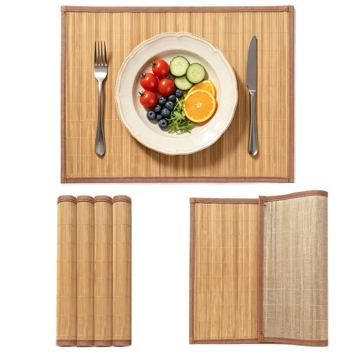 4-Pack Bamboo Placemats,Woven Heat-Resistant Rectangular Table Mats,Natural Dining Place Mats,Rustic Japanese Style Wood Mats for Indoor Dining,Kitchen and Party Use, Coffee