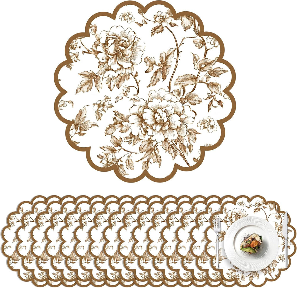 100 Pcs Fall Floral Paper Placemats 13.5 Inches Scalloped Brown Floral Paper Placemats Disposable Autumn Wildflower Place Mats for Wedding Bridal Baby Shower Thanksgiving Harvest Party Supplies