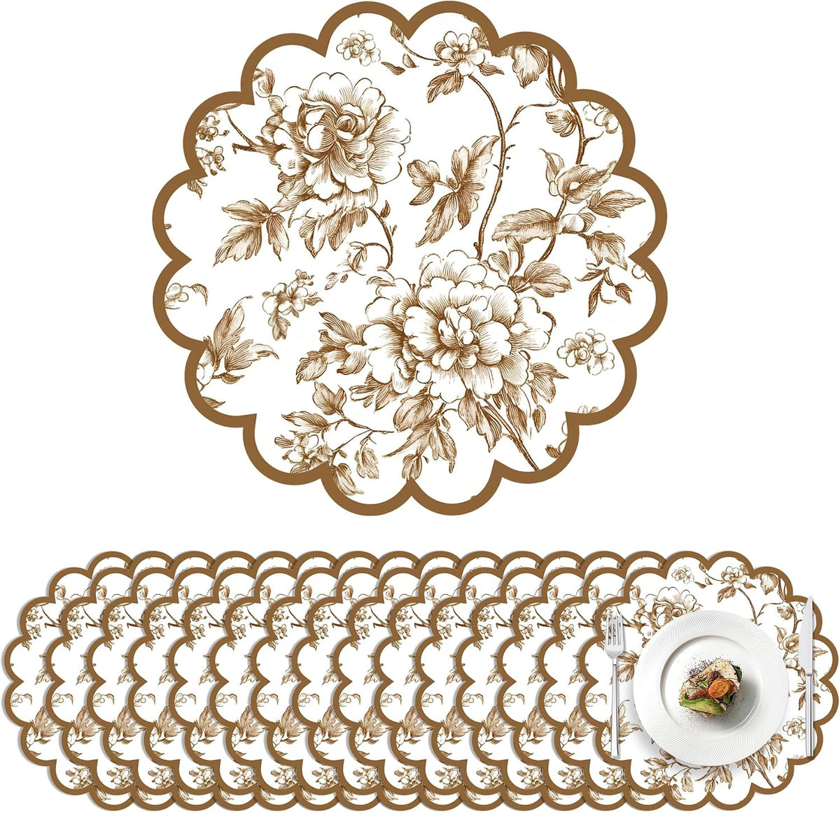 100 Pcs Fall Floral Paper Placemats 13.5 Inches Scalloped Brown Floral Paper Placemats Disposable Autumn Wildflower Place Mats for Wedding Bridal Baby Shower Thanksgiving Harvest Party Supplies