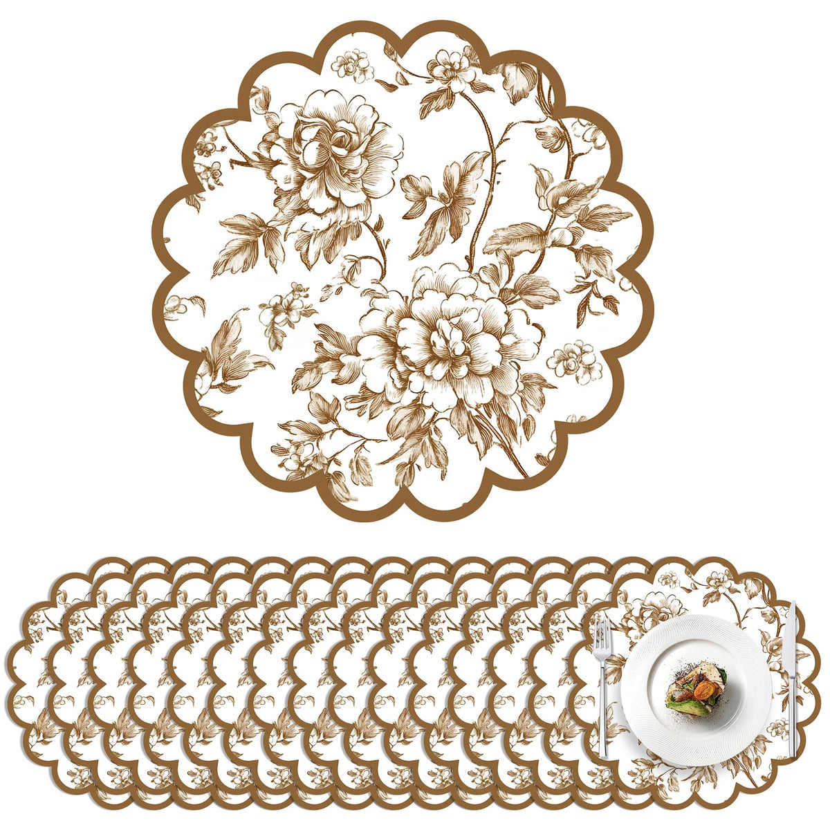 100 Pcs Fall Floral Paper Placemats 13.5 Inches Scalloped Brown Floral Paper Placemats Disposable Autumn Wildflower Place Mats for Wedding Bridal Baby Shower Thanksgiving Harvest Party Supplies