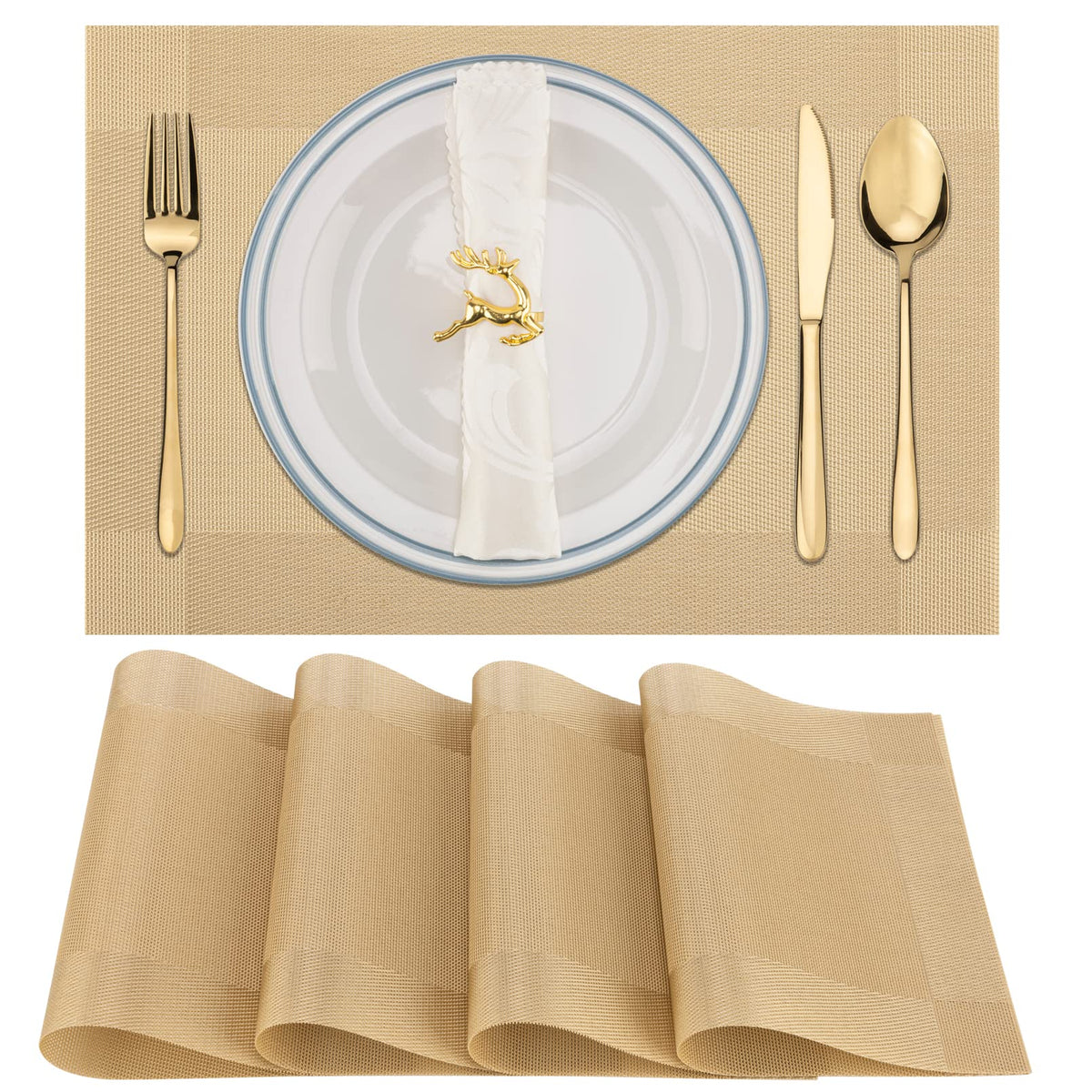 Winknowl Placemats Set of 8, Heat Resistant Non-Slip Vinyl Woven Table Mats for Dining Table, Washable Durable Elegant Place Mats for Kitchen Indoor/Outdoor Use (Beige Blue)