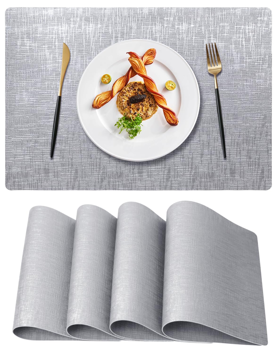 COOLMI Beige Placemats Set of 4, Washable Woven PVC Table Mats, Heat Resistant Non-Slip Place Mats for Dining Table, Flat Pack No Curled Edges, Indoor Outdoor, 17 x 12 Inch
