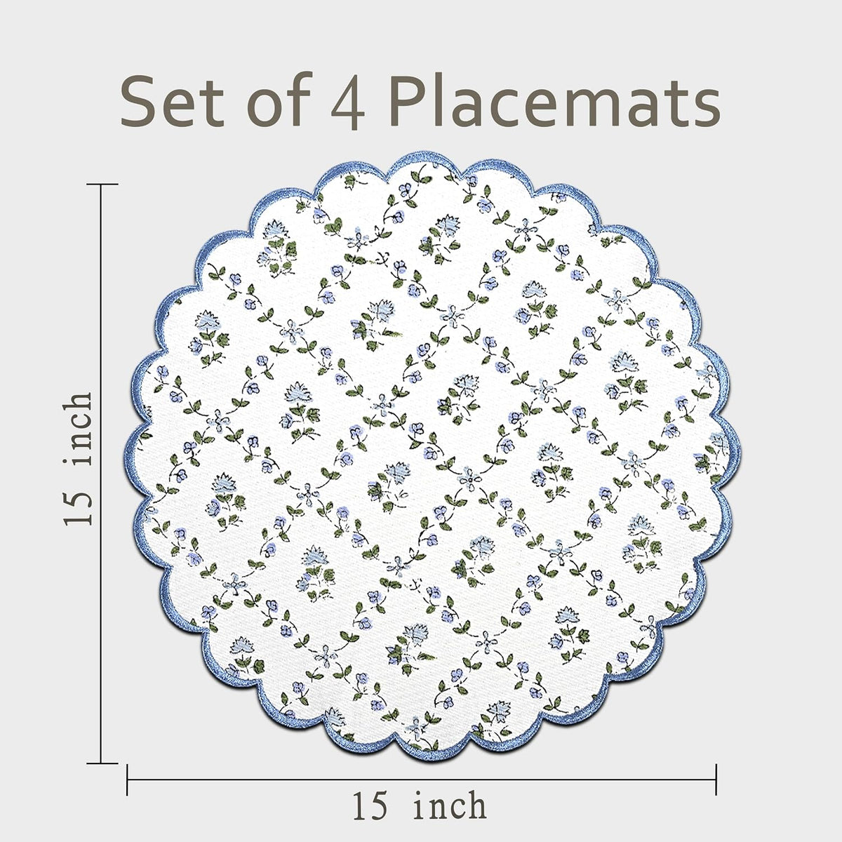 Ridhi Floral Block Print Round Placemats 15" in, Set of 4, Powder Blue