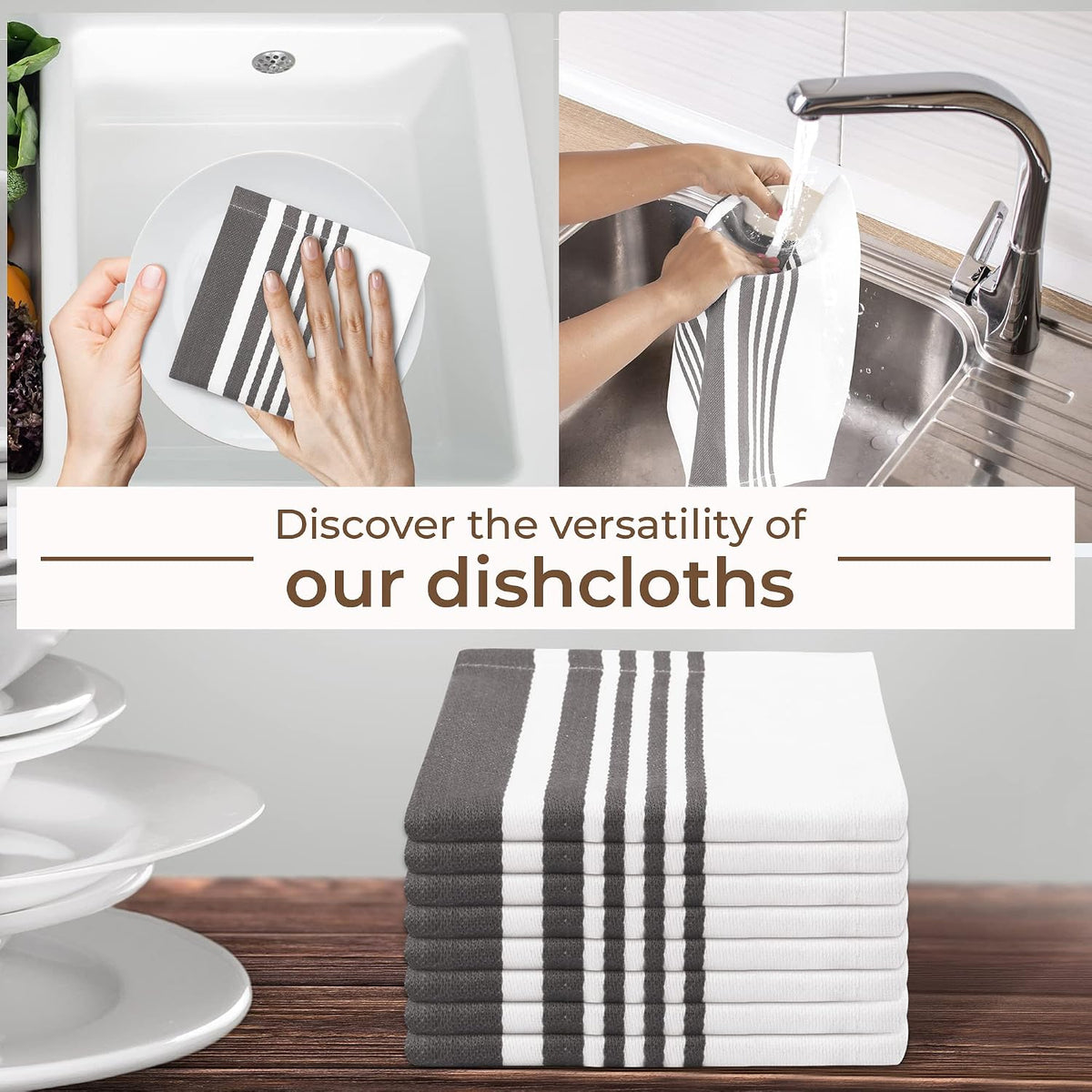 Urban Villa Kitchen Towels Cotton Dish Towels 12”x12” (Set of 8) Grey White