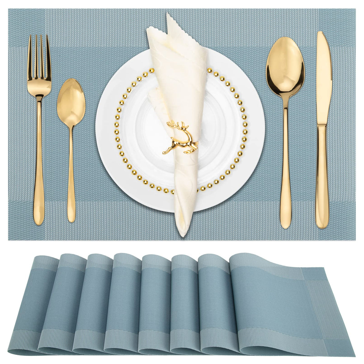 Winknowl Placemats Set of 8, Heat Resistant Non-Slip Vinyl Woven Table Mats for Dining Table, Washable Durable Elegant Place Mats for Kitchen Indoor/Outdoor Use (Beige Blue)