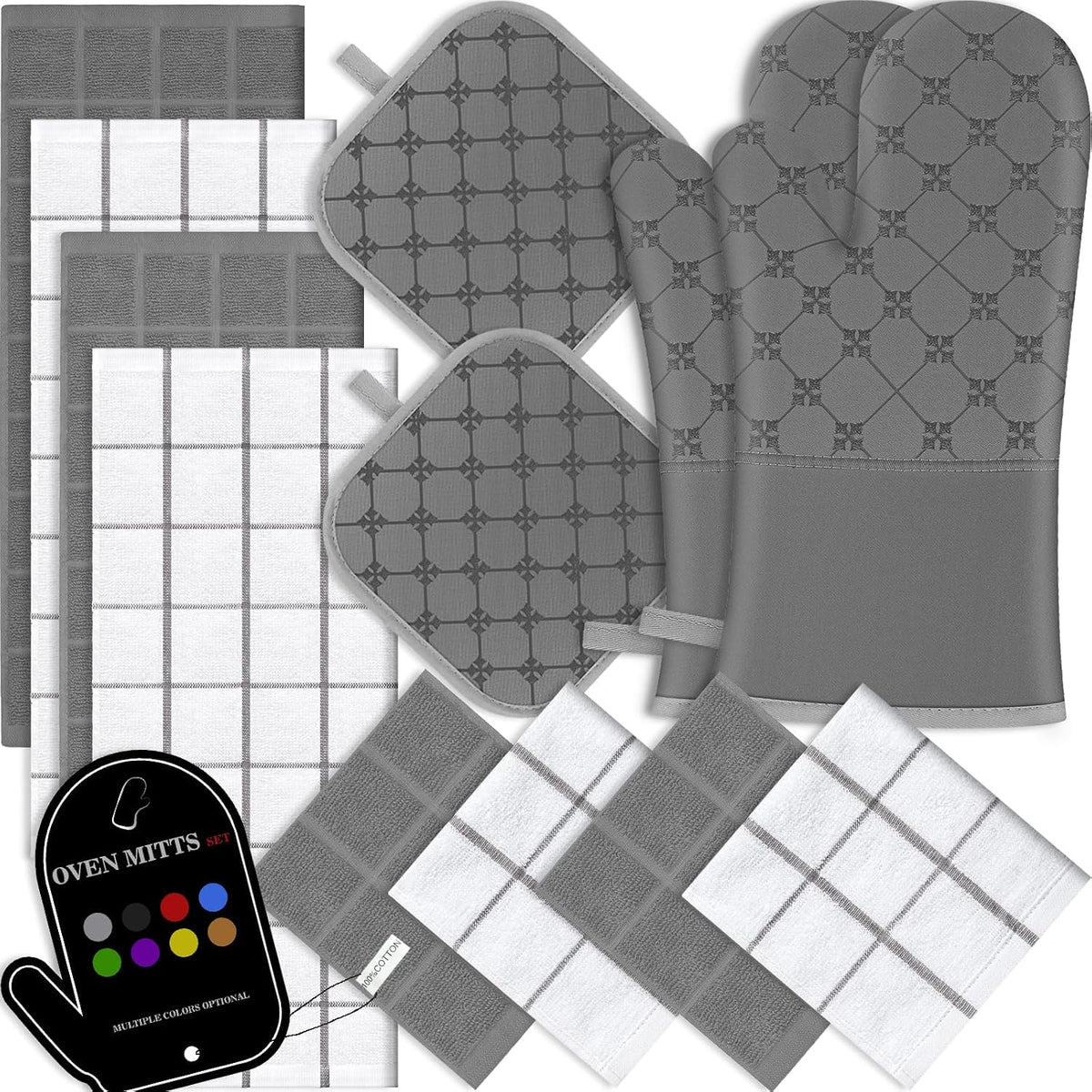 Oven Mitts Kitchen Towels Dishcloths with Pot Holders Sets 12PCS, Dish Towels Sets, Oven Gloves Pot Pads Heat Resistant 500 Degrees with Non-Slip Silicone Surface for Cooking Baking Grilling-Grey