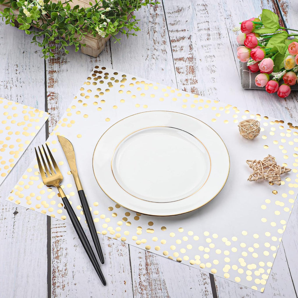 45 Pieces Gold Foil Paper Placemats White and Golden Dots Place Mats Disposable Decorative Paper Table Mats Rectangle Party Placemats for Birthday Wedding Baby Shower Party Dining Decor