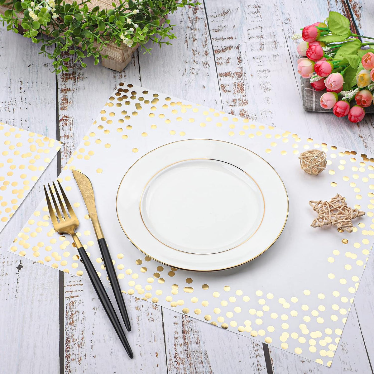 45 Pieces Gold Foil Paper Placemats White and Golden Dots Place Mats Disposable Decorative Paper Table Mats Rectangle Party Placemats for Birthday Wedding Baby Shower Party Dining Decor