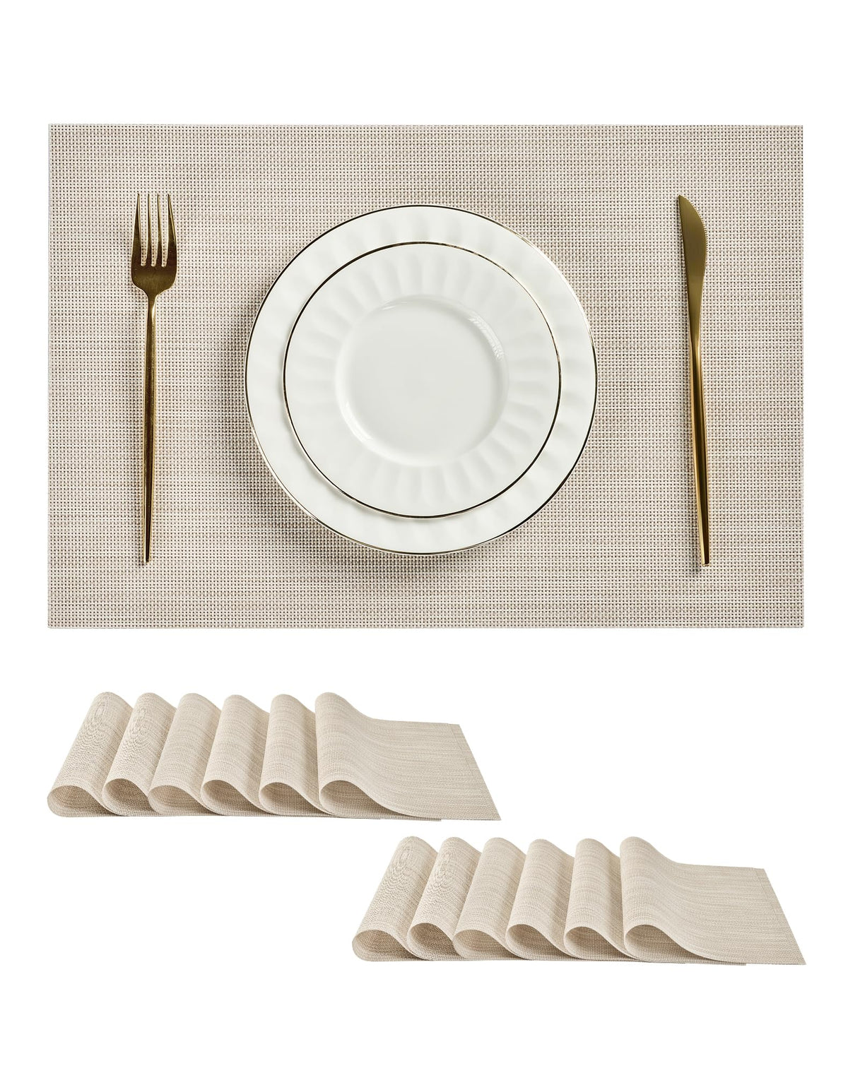 Beige Placemats Set of 6 - Heat-Resistant, Non-Slip Table Mats, Washable Woven Vinyl for Indoor & Outdoor Dining
