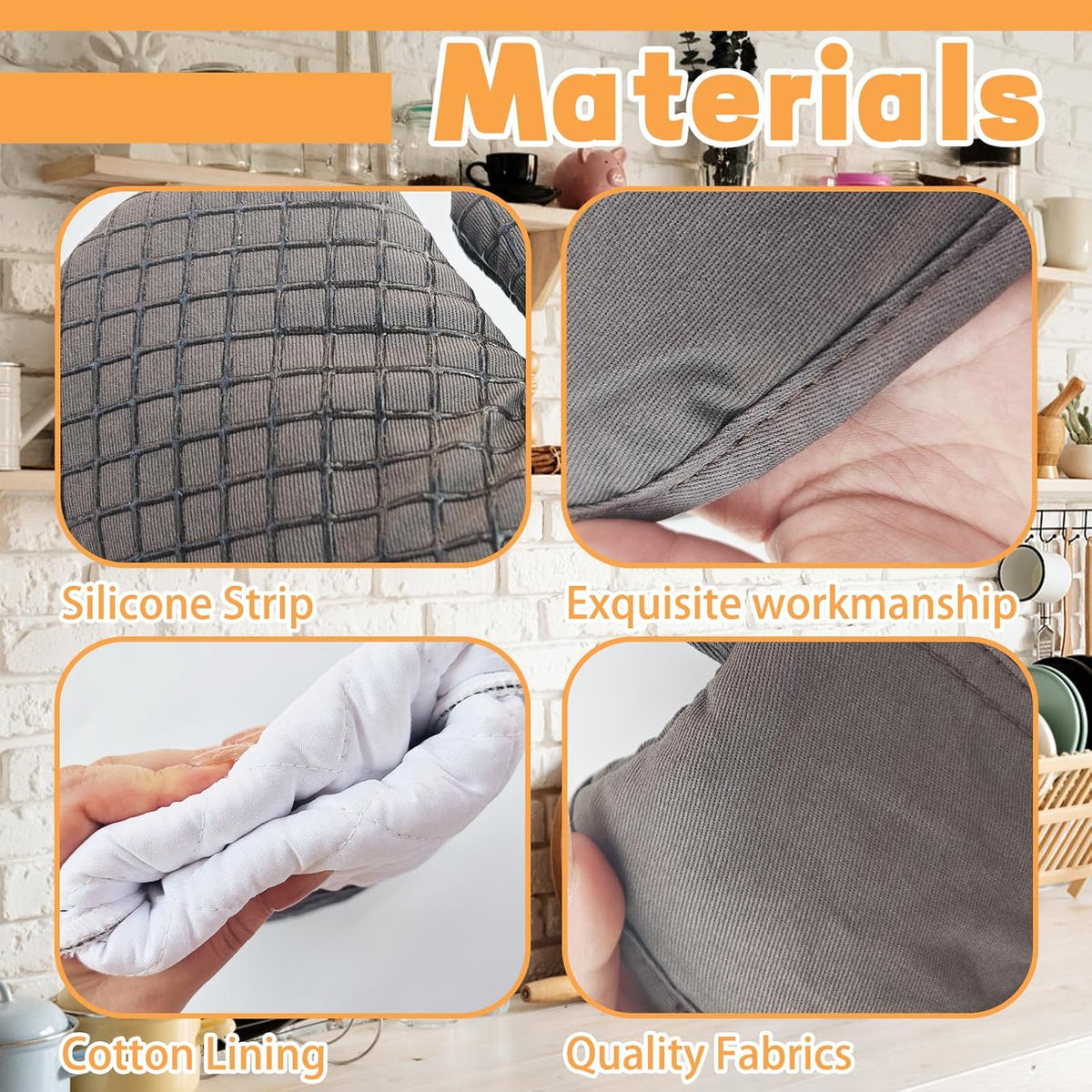 4 Pcs Oven Mitts and Pot Holders,High Heat 500°F Resistant Glove Potholder with Thick Cotton,Silicone Non-Slip Surface Long Kitchen Oven Glove for Cooking Baking Grilling(Grey)