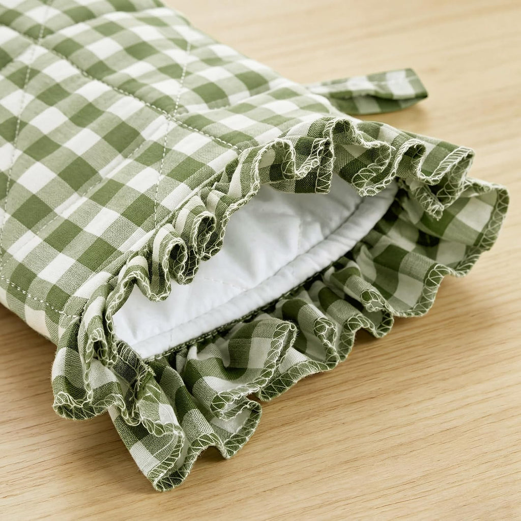 Twistover Ruffle Gingham Oven Mitts 2-Pack Set, Sage Green, 7"x13"