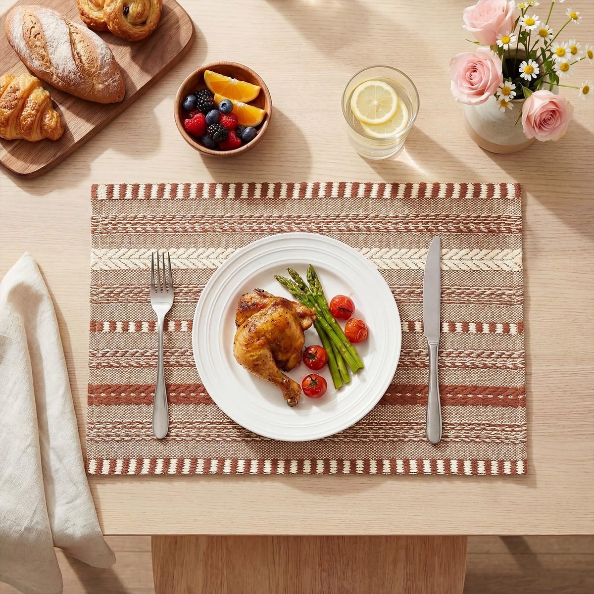 Artoid Mode Caramel Woven Braided Stripe Placemats Set of 4-12x18 Inch