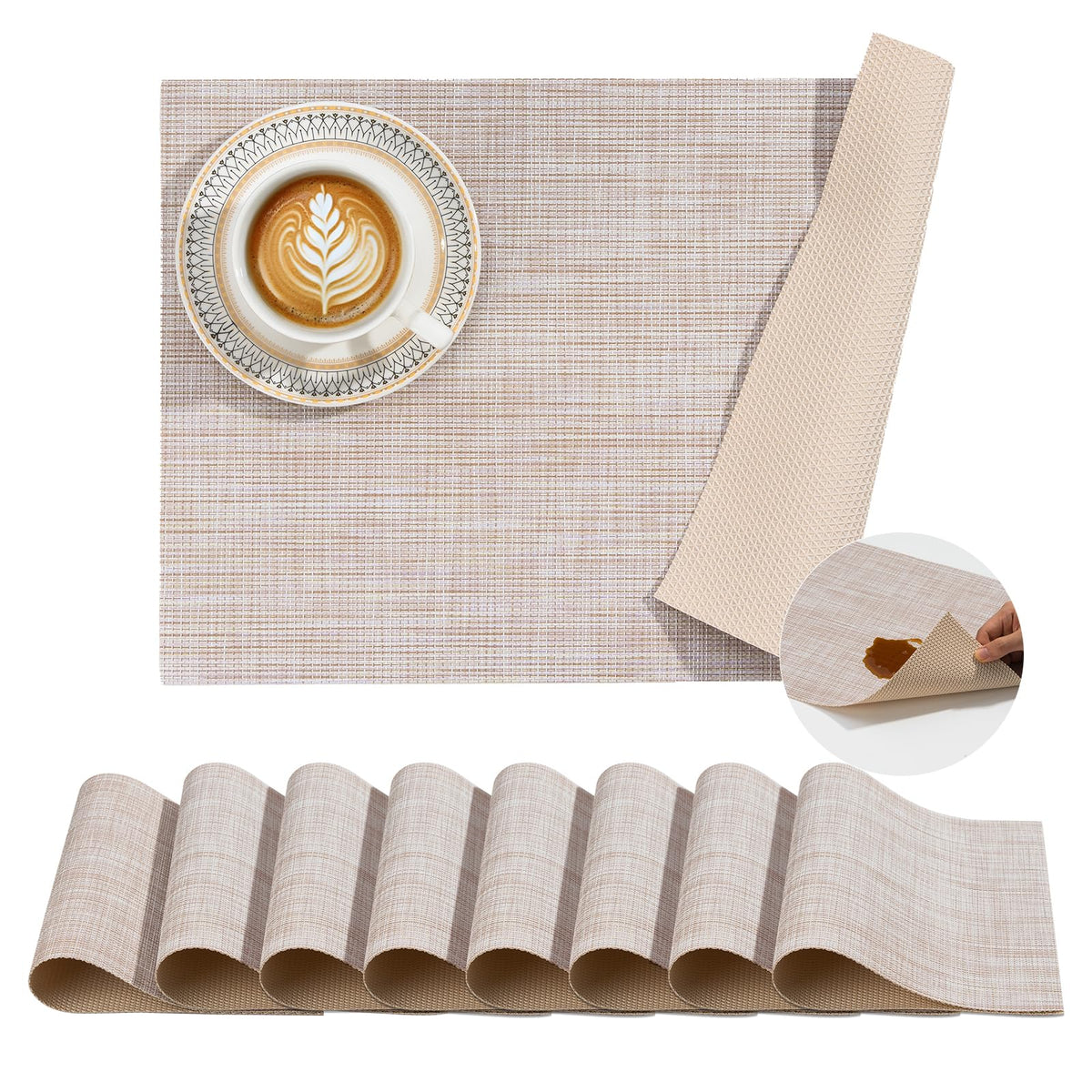 BACKTOEDEN Leakproof Placemats Set of 6, 2-Layer Waterproof placemat for No More Stains, Heat-Resistant Easy Clean Vinyl Table Place Mats for Kitchen Dining Indoor Outdoor, Beige