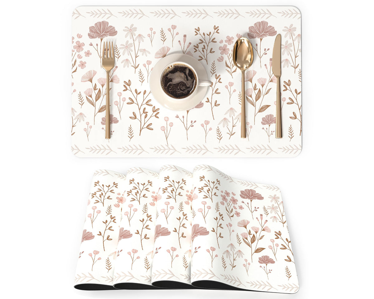 QIYI PU Leather Placemats Set of 6, 12"x18" Waterproof Table Mats, Dahlia