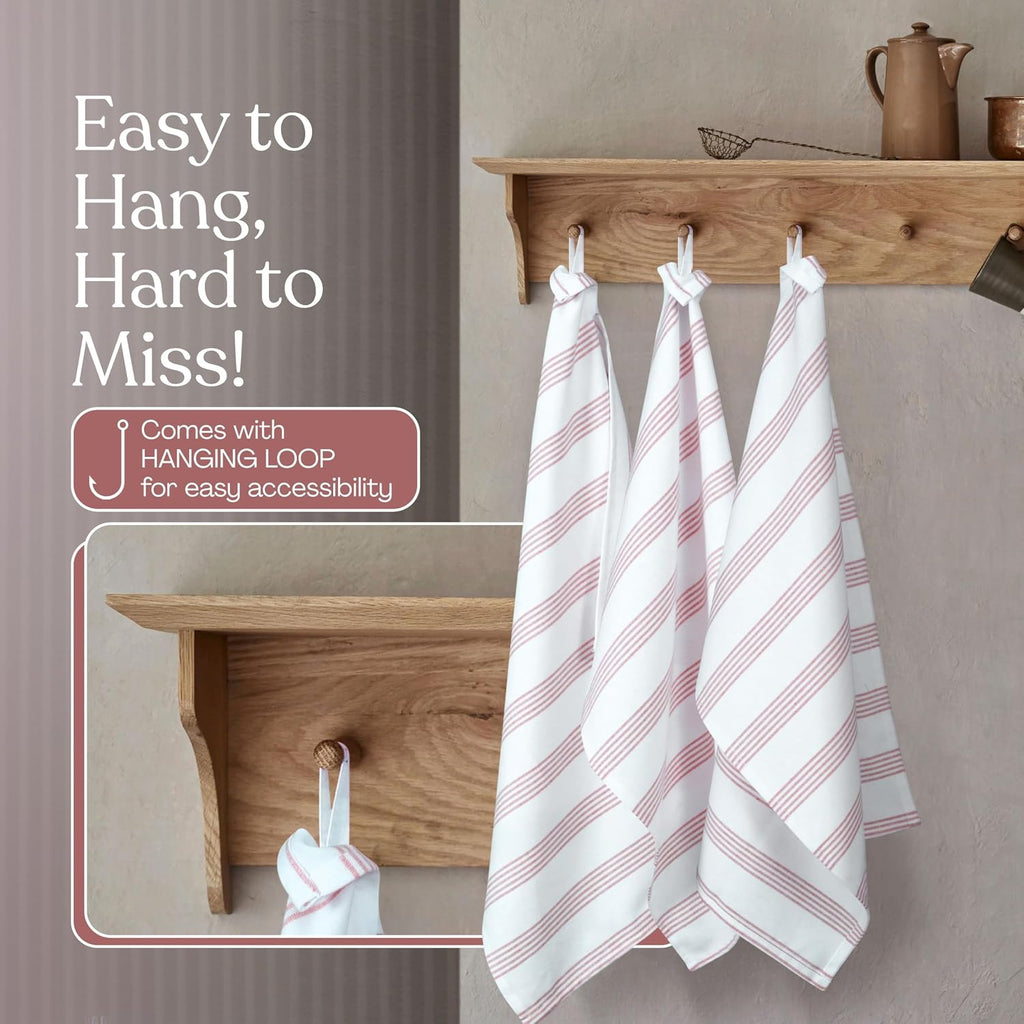 Rust Stripe Dish Towels, 5 Pack, 100% Cotton, Super Absorbent and Quick Dry, Multi Pin Striped Kitchen Towel Set, Durable Wash Cloths for Kitchen Use, Cleaning & Drying Dishes