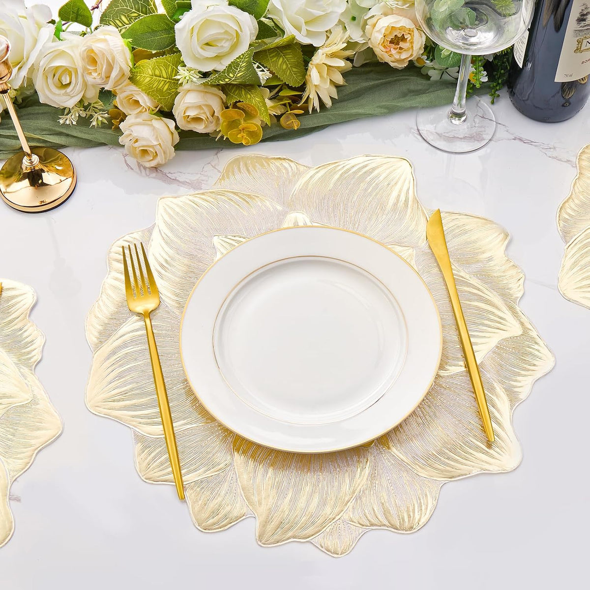 Gold Placemats Set of 6, Creative 3D Flower Placemats Waterproof Oil-Proof