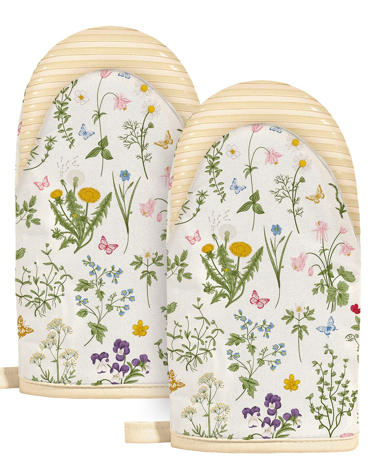 Slohif Vintage Floral Mini Oven Mitts Set – Beige Extended Short Heat Resistant Kitchen Gloves for Women, 100% Cotton Oven Mitts with Silicone Grips, Non-Slip and Thick Durable for Cooking & Baking