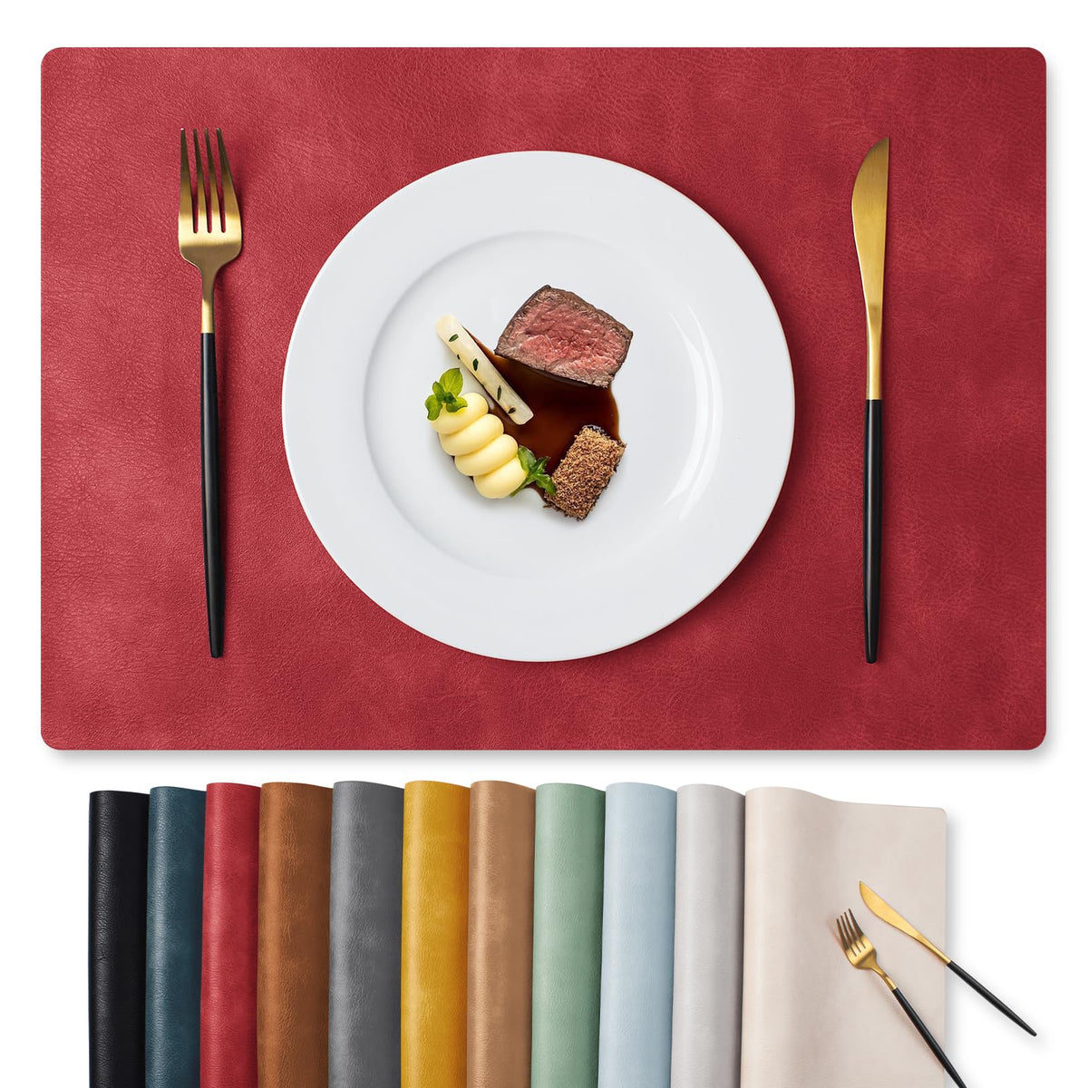 MOSAYT Vinyl Faux Leather Placemats, Set of 8, Reddish Brown