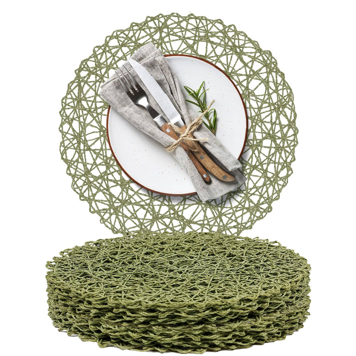 AHHFSMEI Paper Braided Round Placemats Set of 8 Natural Non-Slip Heat Resistant Table Mats for Dining Tables Woven Indoor & Outdoor Place mats(Coffee,8)