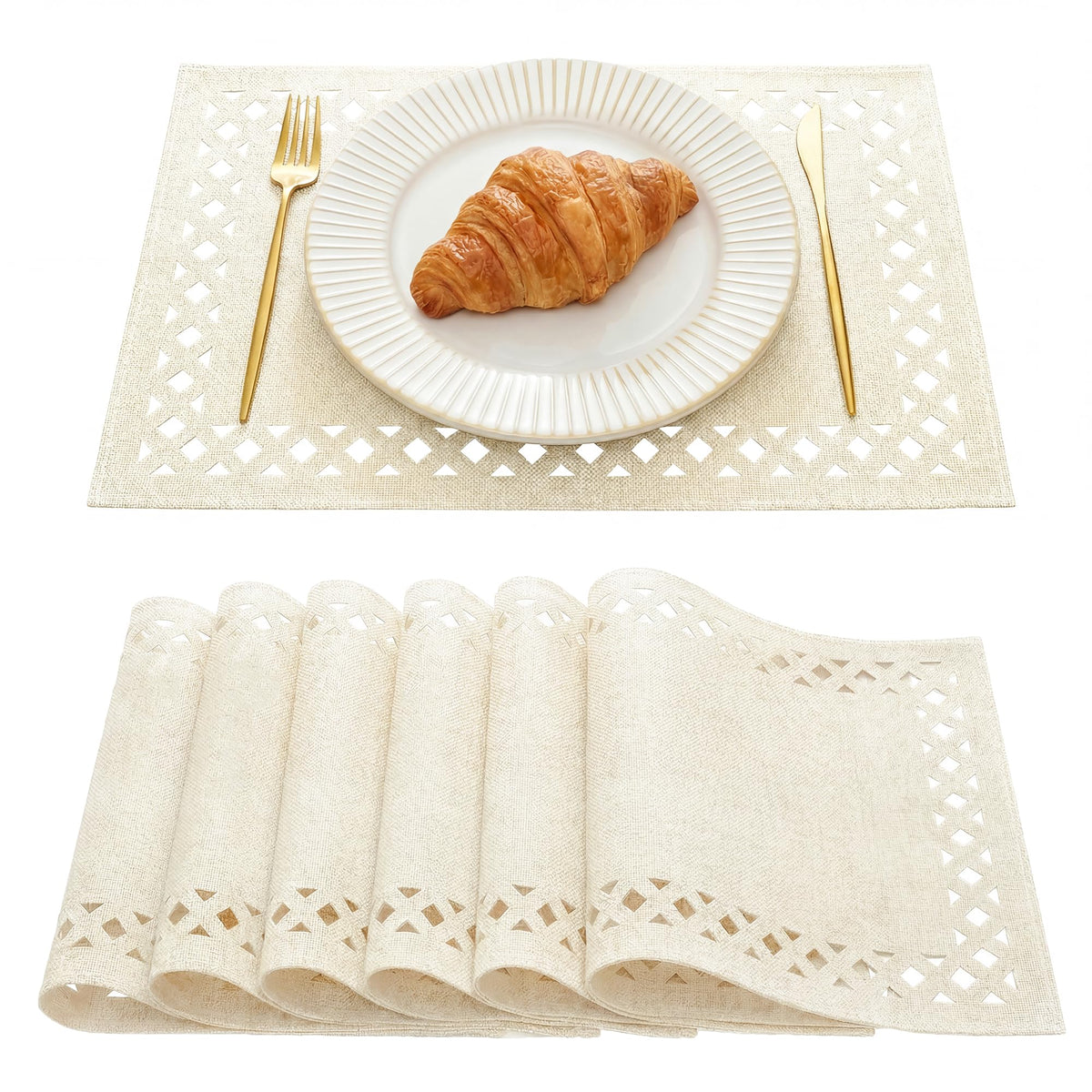 Artoid Mode Farmhouse Placemats Set of 6, Linen Textured Lattice Cutwork Fall Place Mats for Kitchen Dining Table Decor and Outdoor Party, 12 x 18 Inchs, Light Brown