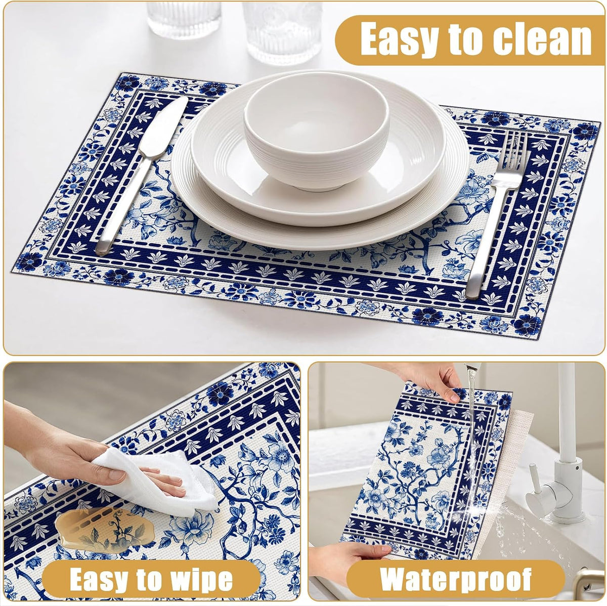 Blue White Floral Placemats Set of 6, Chinoiserie Flower Linen Place Mat Washable Stain Resistant Table Mats for Farmhouse Kitchen Dining 12x18 Inch