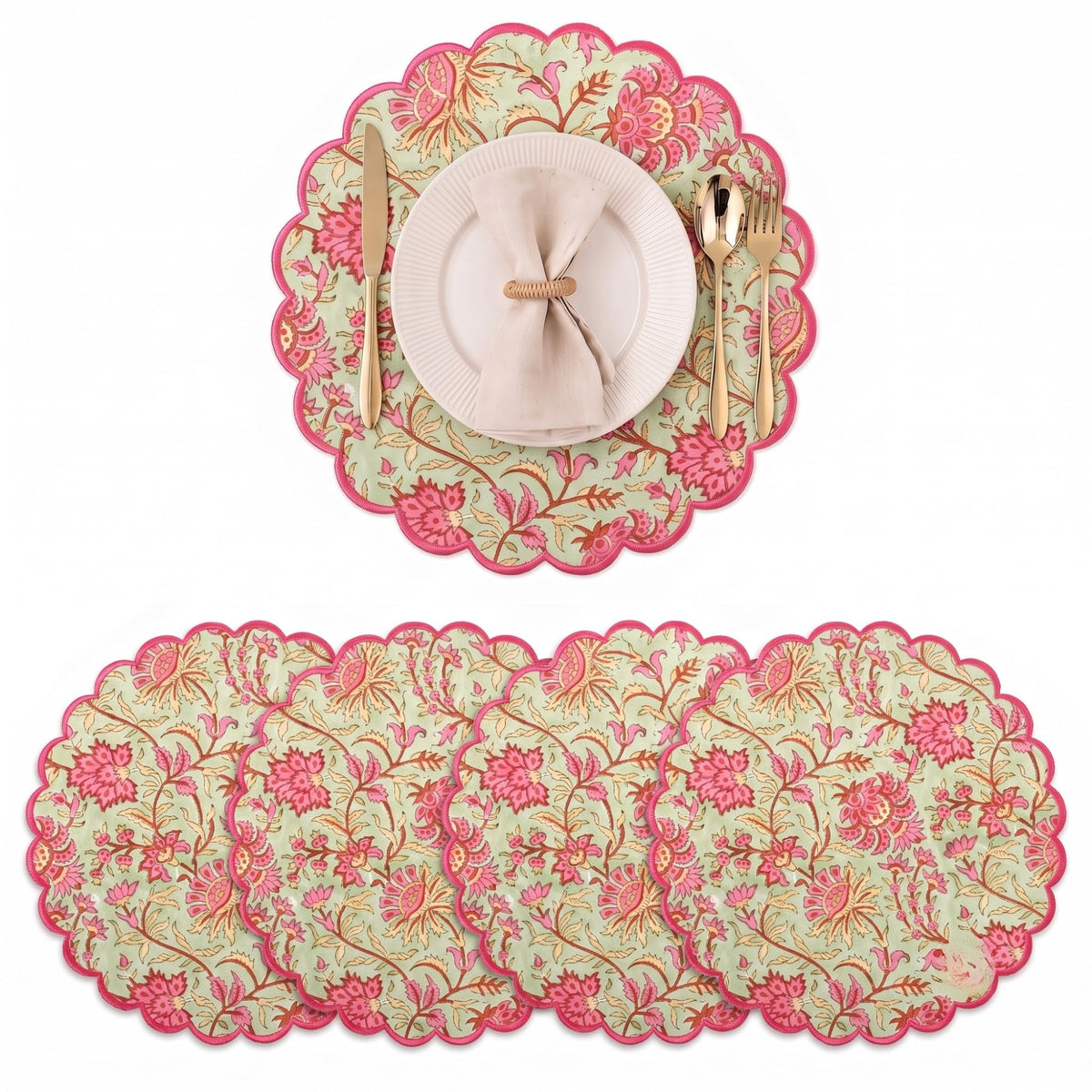 Ridhi Floral Block Print Round Placemats 15" in, Set of 4, Powder Blue
