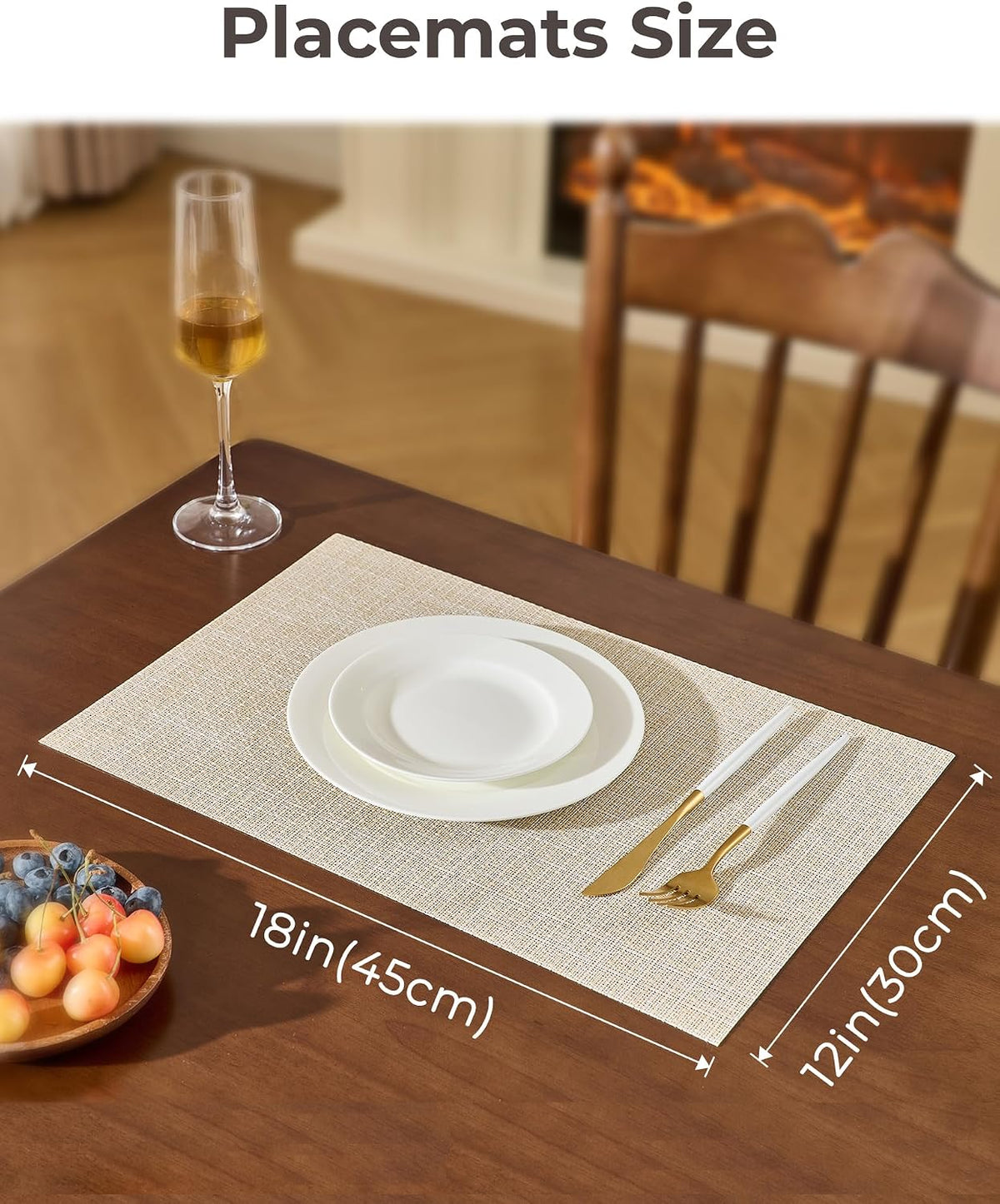 Beige Placemats Set of 6 - Heat-Resistant, Non-Slip Table Mats, Washable Woven Vinyl for Indoor & Outdoor Dining