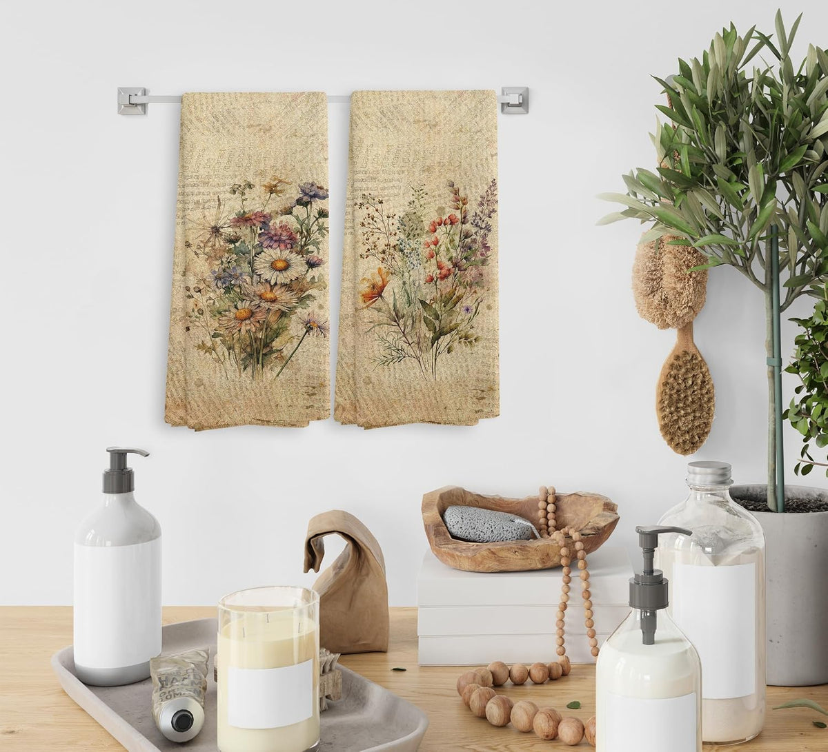 Vintage Floral Kitchen Towels and Dishcloths Set of 2, Vintage Decorative Kitchen Towels, Bouquet Decorative Towels, Retro Wildflower Drying Cloth Hand Towels for Bathroom Kitchen, 16×24 Inches