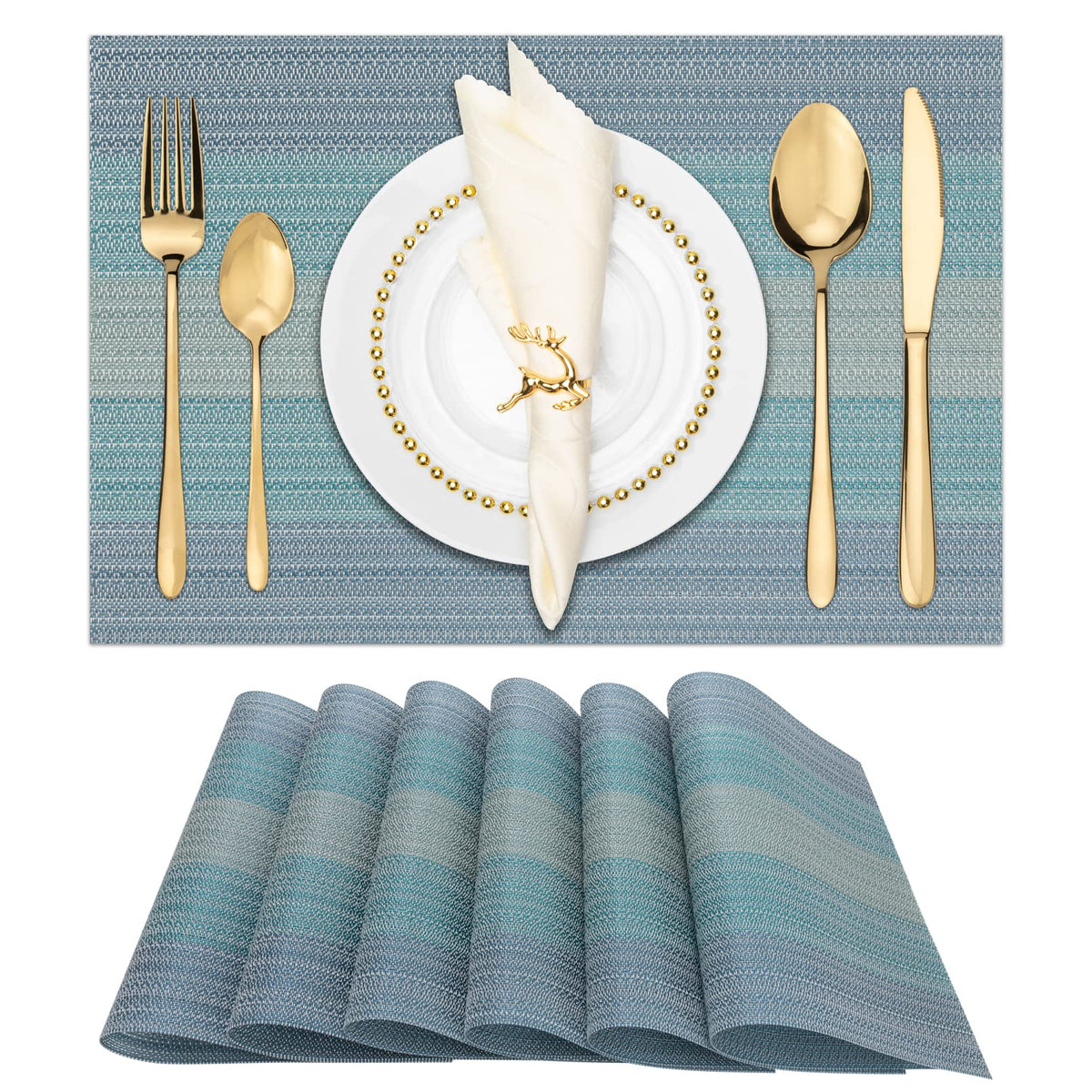 Winknowl Placemats Set of 8, Heat Resistant Non-Slip Vinyl Woven Table Mats for Dining Table, Washable Durable Elegant Place Mats for Kitchen Indoor/Outdoor Use (Beige Blue)