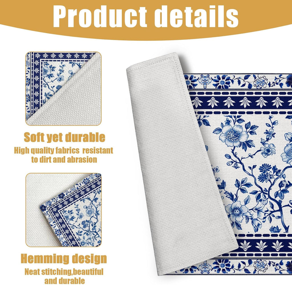 Blue White Floral Placemats Set of 6, Chinoiserie Flower Linen Place Mat Washable Stain Resistant Table Mats for Farmhouse Kitchen Dining 12x18 Inch