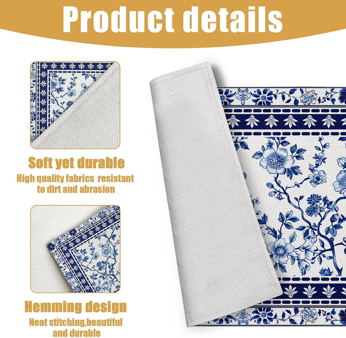 Blue White Floral Placemats Set of 6, Chinoiserie Flower Linen Place Mat Washable Stain Resistant Table Mats for Farmhouse Kitchen Dining 12x18 Inch