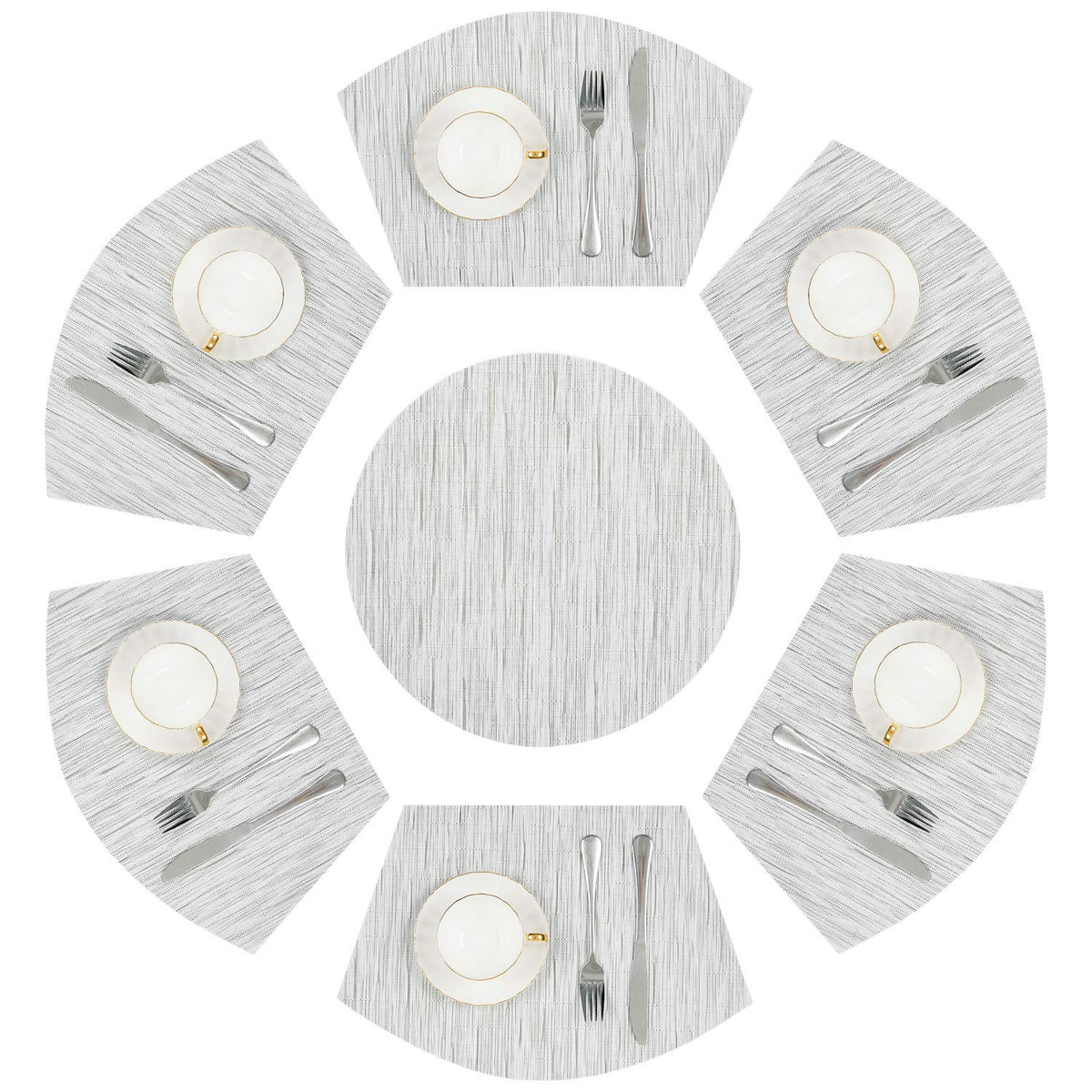 SHACOS Small Round Table Placemats Set of 5 Woven Vinyl Wedge Placemats with Centerpiece Round Table Mats Heat Resistant Wipe Clean (5, Black Gray)