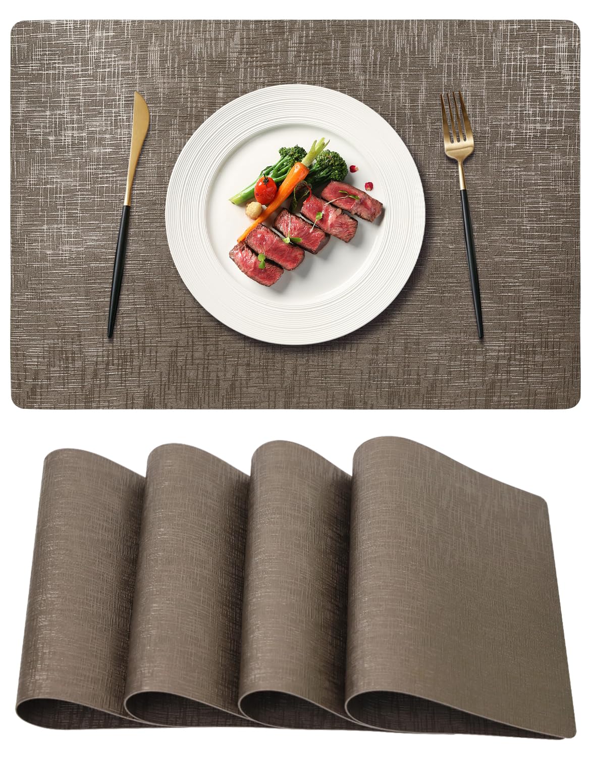COOLMI Beige Placemats Set of 4, Washable Woven PVC Table Mats, Heat Resistant Non-Slip Place Mats for Dining Table, Flat Pack No Curled Edges, Indoor Outdoor, 17 x 12 Inch