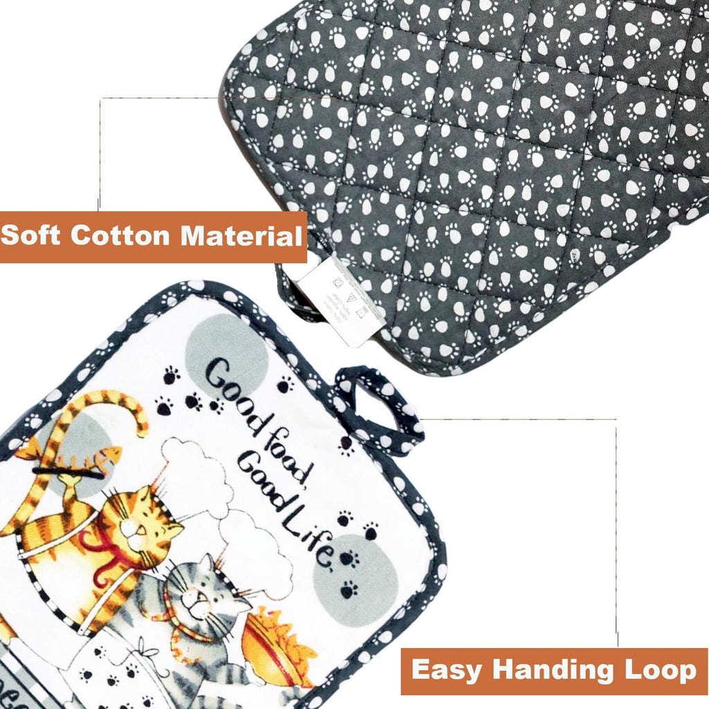 Oven Mitts and Pot Holders Sets, Funny Kitchen Oven Mitts Heat Resistant of 500 Degrees, Pure Cotton Hot Pads and Oven Mitts Sets for Baking,Cooking,BBQ Grilling-White Cat(4Pcs Set)