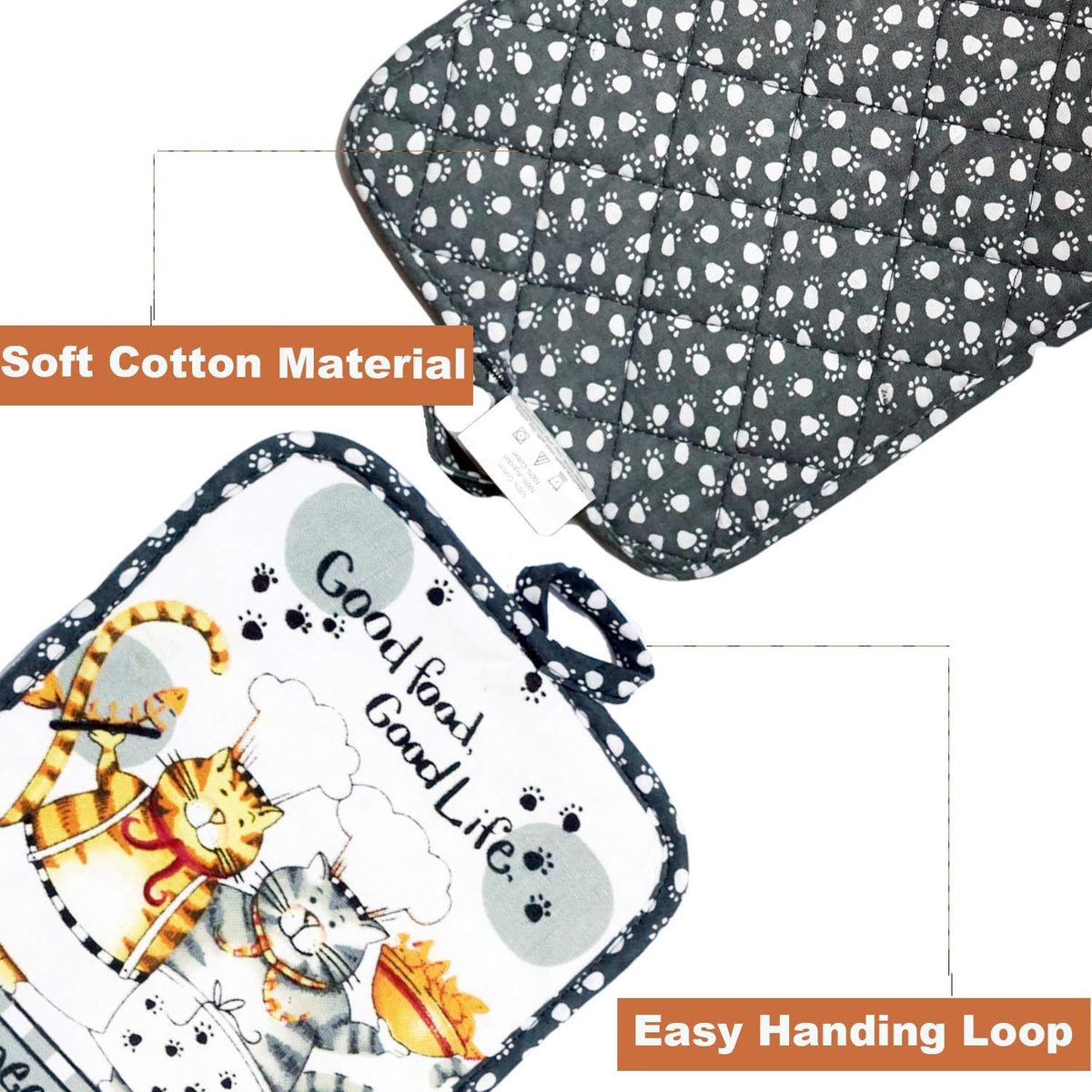 Oven Mitts and Pot Holders Sets, Funny Kitchen Oven Mitts Heat Resistant of 500 Degrees, Pure Cotton Hot Pads and Oven Mitts Sets for Baking,Cooking,BBQ Grilling-White Cat(4Pcs Set)