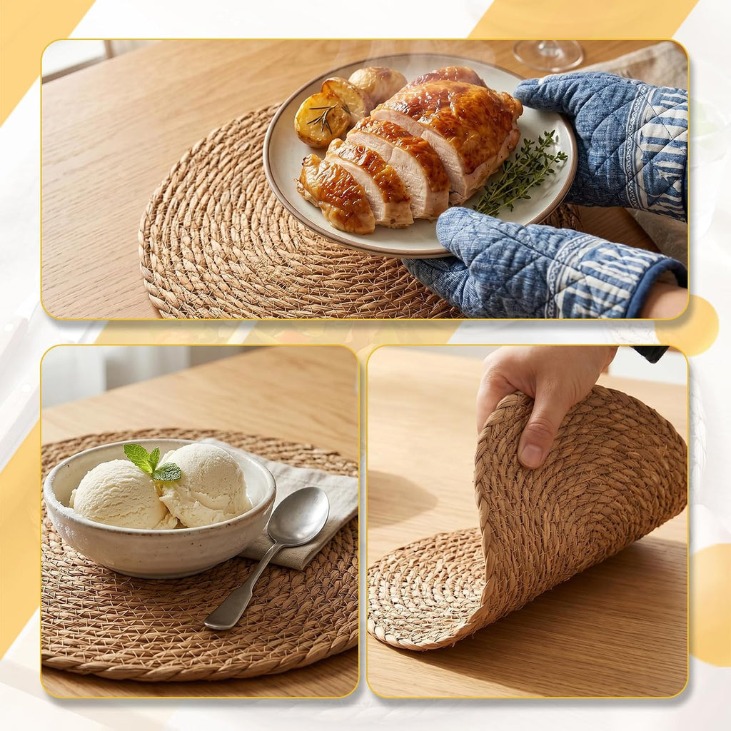 12 Pcs Round Woven Placemats - Yedoler 13 in Farmhouse Boho Straw Heat Resistant Outdoor Patio Rattan Wicker Table Mats, Natural Water Hyacinth Place Mats Coasters for Dining Table,Home,Wedding