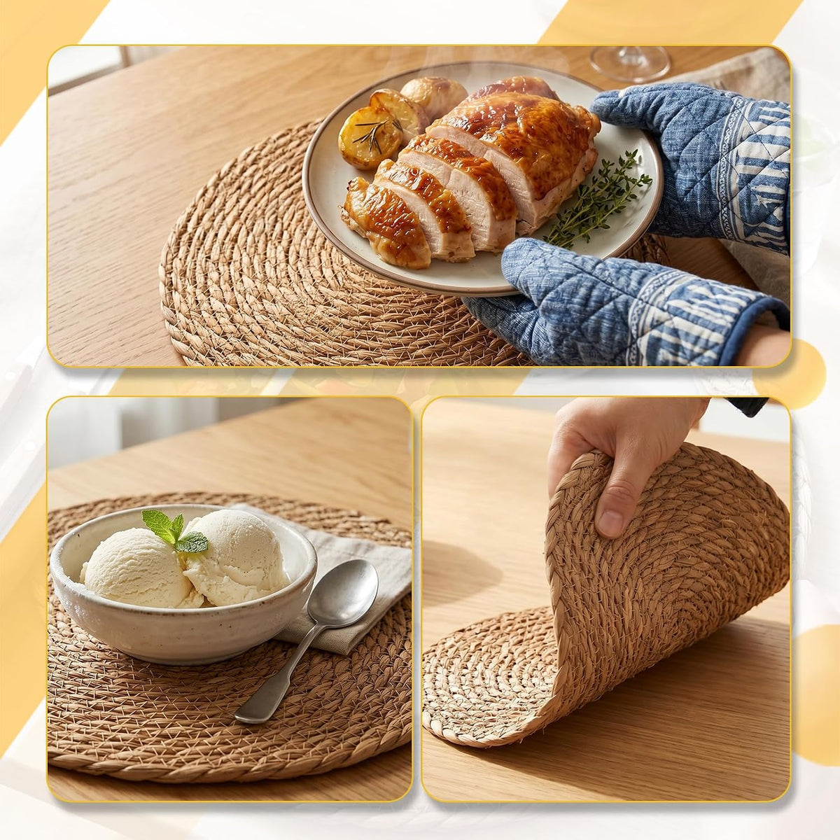 12 Pcs Round Woven Placemats - Yedoler 13 in Farmhouse Boho Straw Heat Resistant Outdoor Patio Rattan Wicker Table Mats, Natural Water Hyacinth Place Mats Coasters for Dining Table,Home,Wedding