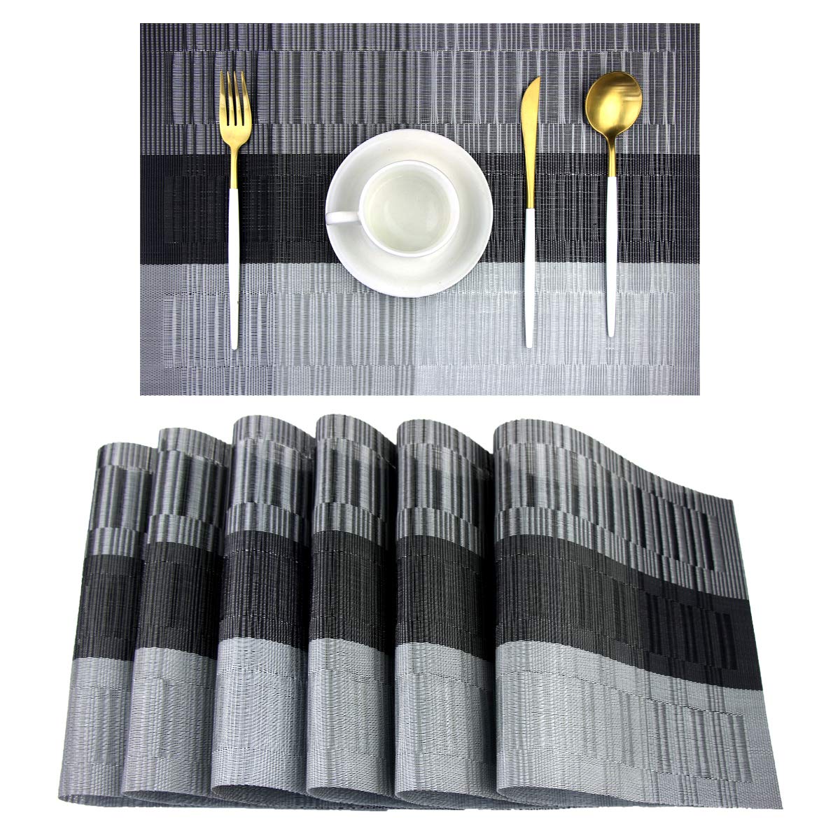 PIGCHCY Placemats,Washable Vinyl Woven Table Mats,Elegant Durable Placemats for Dining Table Set of 6 (Bamboo-Brown)