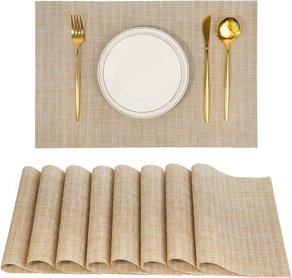 Placemats Set of 8，Non-Slip PVC Weave Table Mats Easy to Clean，Heat Resistant Place Mats for Kitchen Dining Table Decoration Indoor Outdoor，Beige