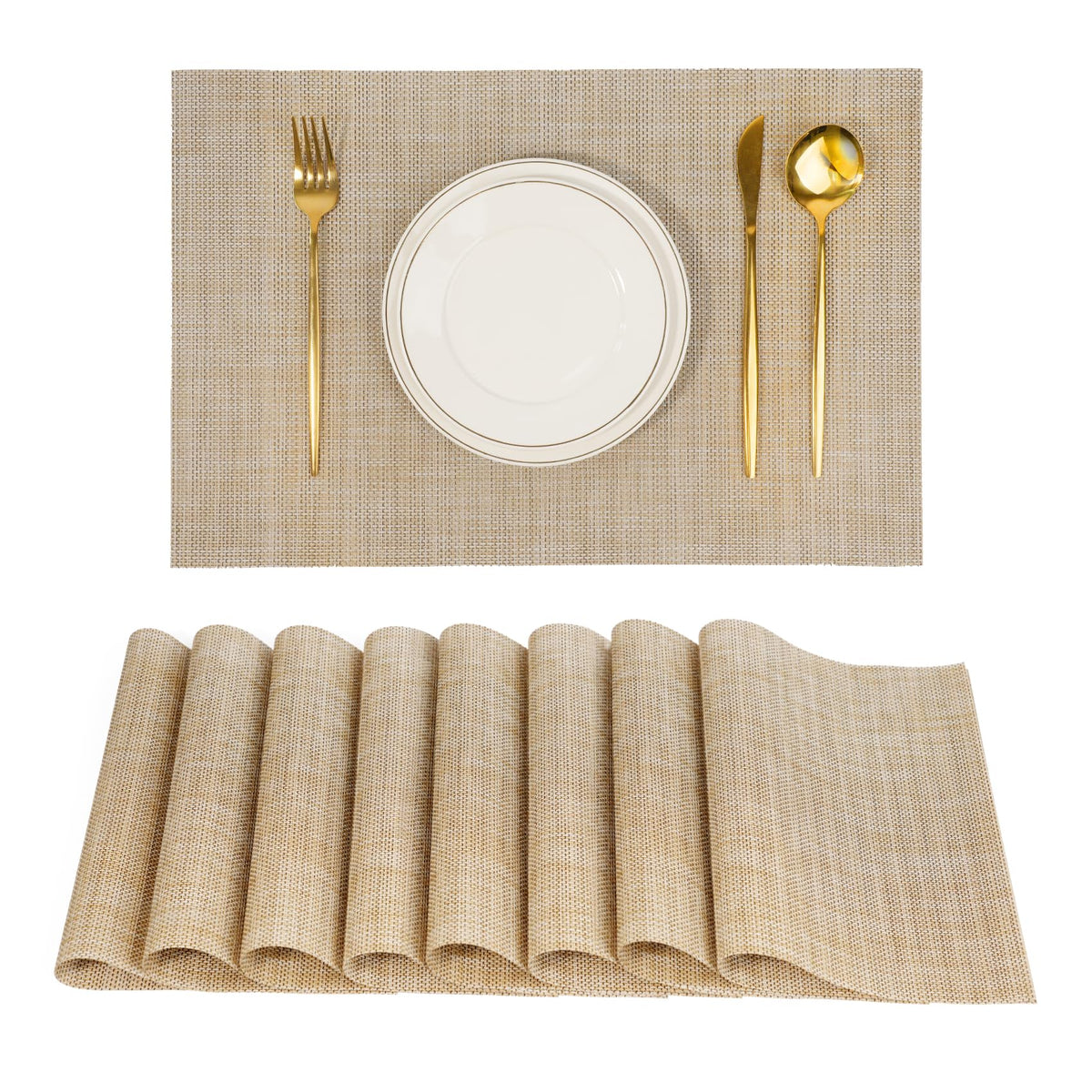 Placemats Set of 8，Non-Slip PVC Weave Table Mats Easy to Clean，Heat Resistant Place Mats for Kitchen Dining Table Decoration Indoor Outdoor，Beige
