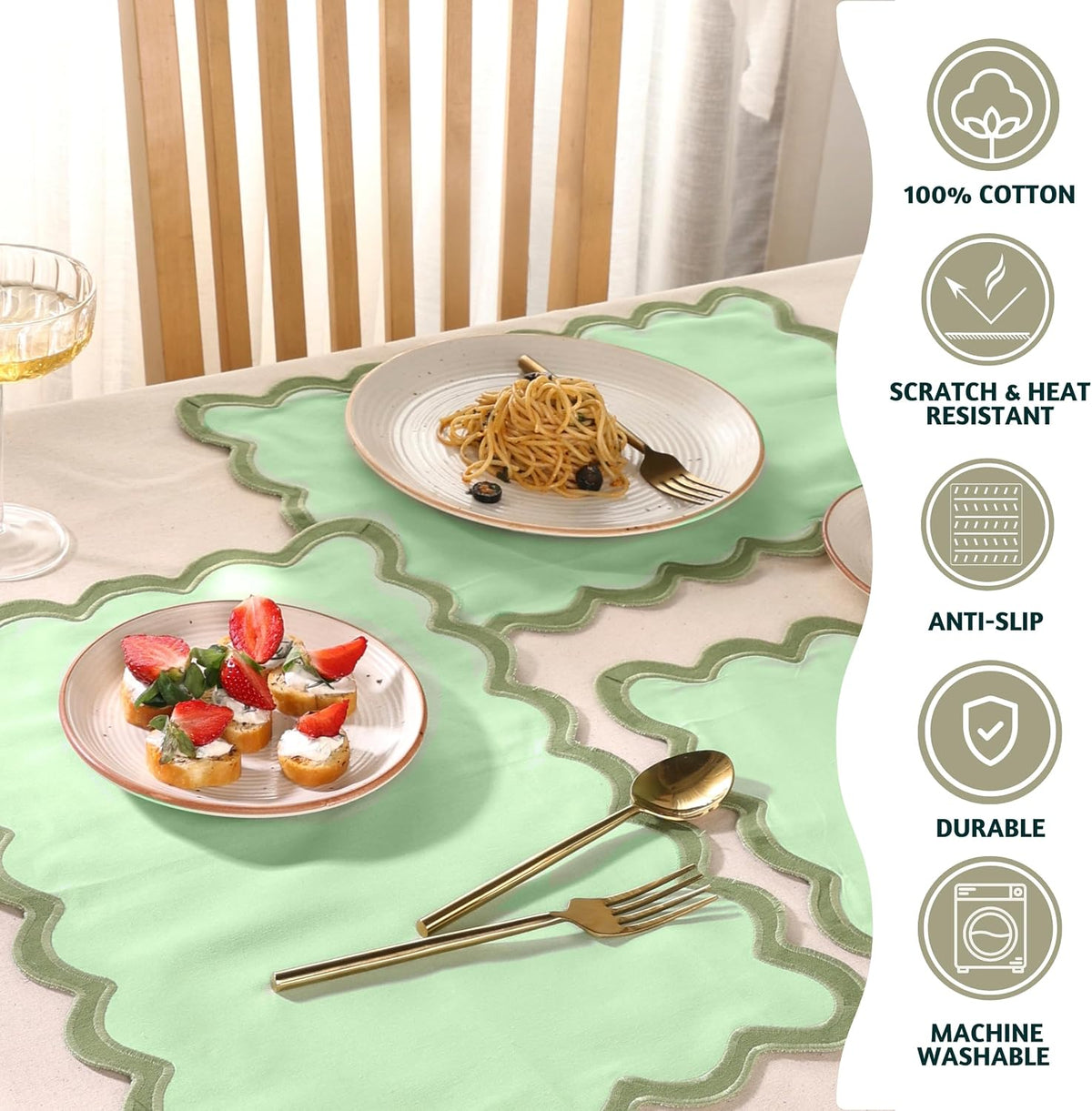 Folkulture Placemats Set of 4, Scalloped, Cute Sage Green - (13x19 Inch)