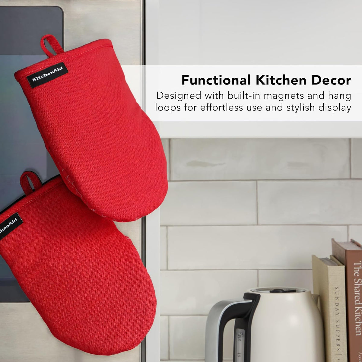 KITCHENAID Gourmet Series Gridlines Mini Oven Mitts 2-Pack Set, Heat Resistant up to 600°F, Soft Silicone Grip, Magnetic Cuff, Passion Red, 5.5"x9"