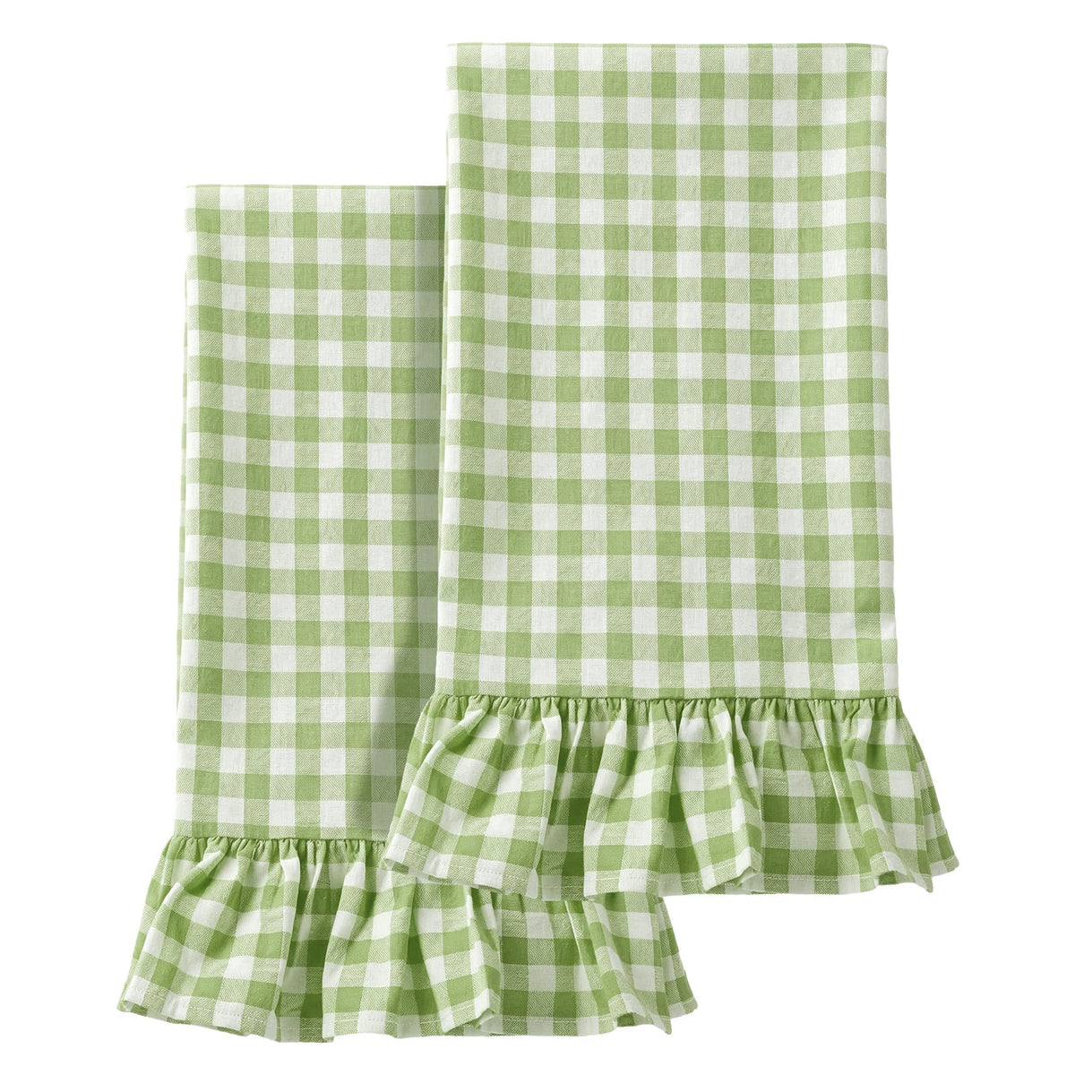 HunnmingRe 2 Pcs Green Gingham Kitchen Towels Cotton Ruffled